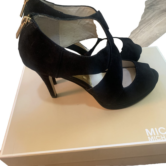 MICHAEL KORS ELENA CROSS STRAP BLACK SUEDE HEELS 8.5M- EUC -WORN ONCE! - Picture 7 of 14